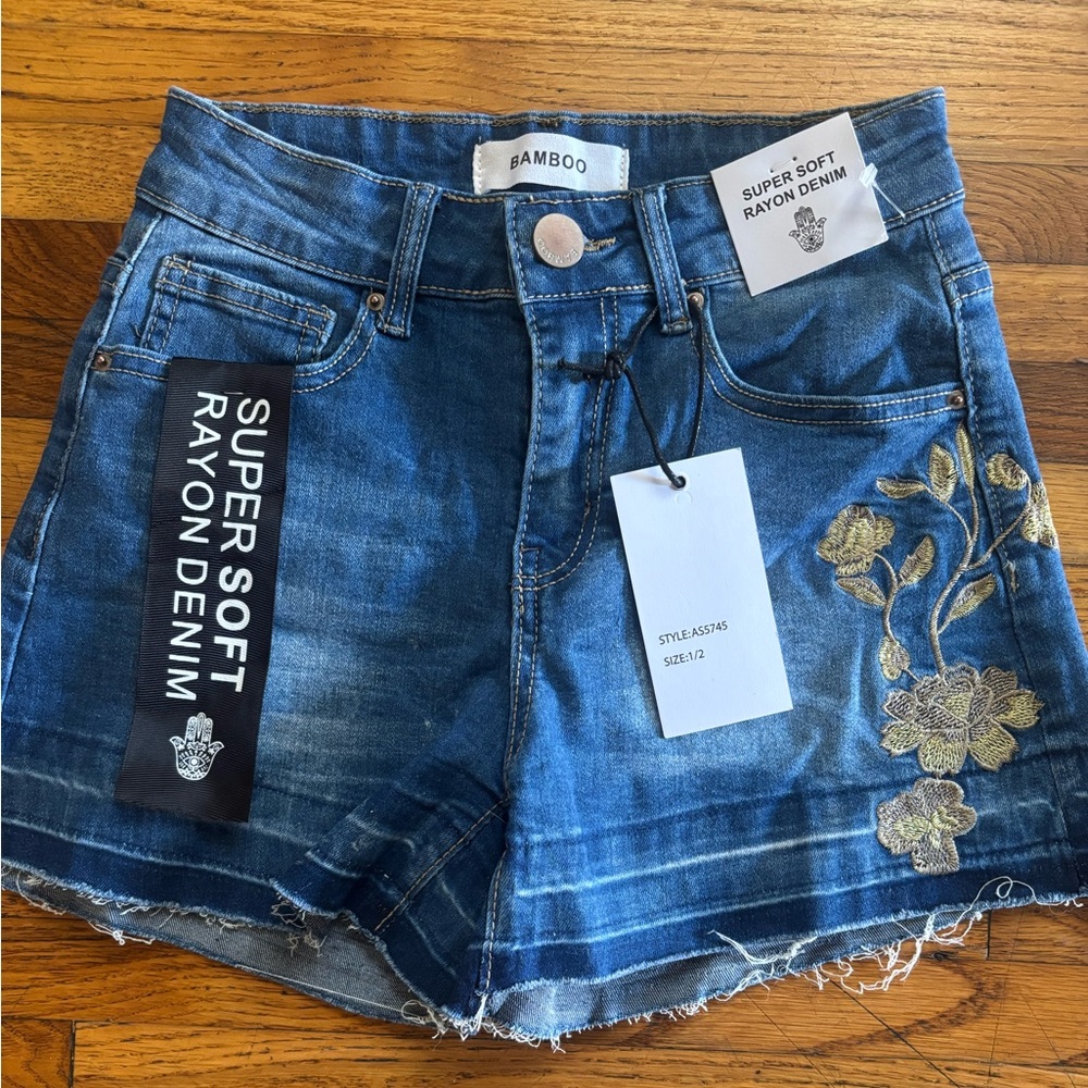 BAMBOO Blue and Gold Jean Shorts with Floral Embroidery